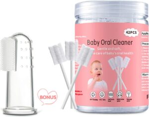 EASICUTI Baby Tongue Cleaner, Baby Toothbrush, 42Pcs Disposable Infant Toothbrush Clean Baby Mouth,Gauze Gum Cleaner Baby Oral Cleaning Stick Dental Care for 0-36 Month Baby+Free 1 Finger Toothbrush