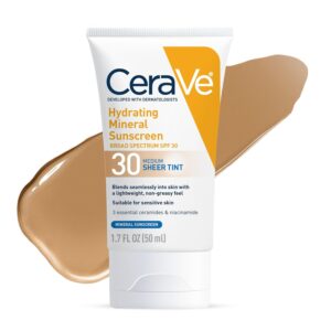 CeraVe Hydrating Mineral Sunscreen SPF 30 with Sheer Tint, Tinted Mineral Sunscreen with Zinc Oxide & Titanium Dioxide, Blends Seamlessly For Healthy Glow, Medium, 1.7 Fluid Ounce