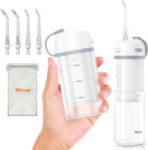 Bitvae P1 Water Dental Flosser for Teeth, Portable Mini Water Teeth Picks, Cordless Water Cleaner Picks with Telescopic Water Tank, Rechargeable Oral Irrigator for Travel & Home, Frost White
