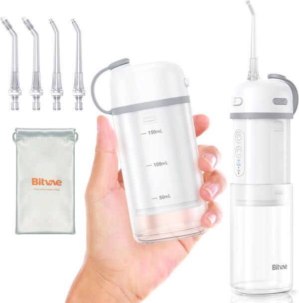 Bitvae P1 Water Dental Flosser for Teeth, Portable Mini Water Teeth Picks, Cordless Water Cleaner Picks with Telescopic Water Tank, Rechargeable Oral Irrigator for Travel & Home, Frost White