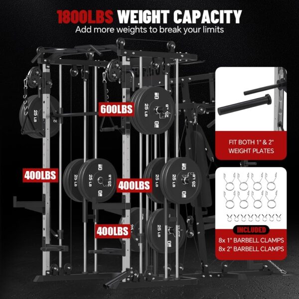 All in One Home Gym System Workout Station, Multi-Function Smithe Machine Power Cage with Cable Crossover System, Tripe-Sided Independent Load Posts, Functional Trainer for Full Body Training