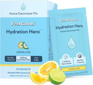 Feel Goods Hydration Hero, 1,000mg Electrolytes Powder, Sugar Free, Magnesium, Organic Aloe Vera, L Theanine, Vitamin C & B12, Non GMO, Keto, Vegan, Electrolyte Packets | Lemom Lime, 15 Count