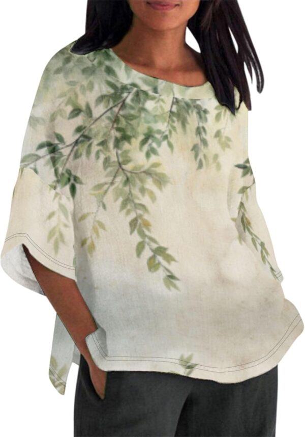 Linen Shirt for Women Crew Neck 3/4 Sleeve Tunic Blouses Casual Loose Fall T-Shirt Tops for Ladies Summer S-5XL