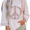 KevaMolly Womens Long Sleeve Tops Floral Peace Symbol Drop Shoulder Sweatshirt Crewneck Casual Pullover Top