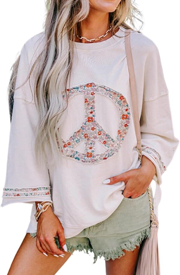 KevaMolly Womens Long Sleeve Tops Floral Peace Symbol Drop Shoulder Sweatshirt Crewneck Casual Pullover Top
