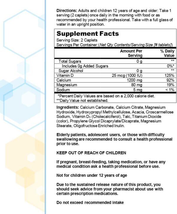 Citracal Slow Release 1200, 1200 mg Calcium Citrate and Calcium Carbonate with 25 mcg (1000 IU) Vitamin D3, Bone Health Support, Calcium Supplement for Ages 12+, Take Once Daily Caplet, 185 Count