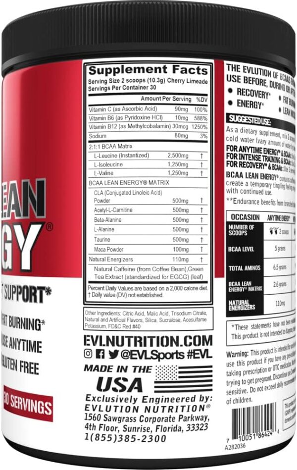 EVL BCAA Lean Energy Powder - Pre Workout Green Tea Fat Burner Support with BCAAs Amino Acids and Clean Energizers - Post Workout Recovery Drink for Lean Muscle Recovery - Cherry Limeade