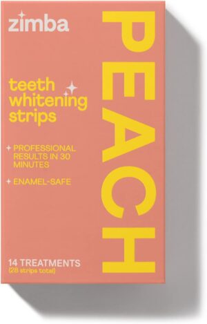 Zimba Teeth Whitening Strips Vegan Whitening Strip Enamel Safe Teeth Whitening Hydrogen Peroxide Teeth Whitener for Coffee, Wine, and Other Stains, 28 Strips (14 Day Treatment), Peach