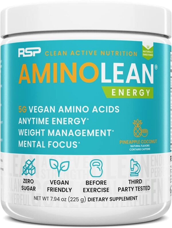 RSP NUTRITION AminoLean Natural Pre Workout Powder, Sucralose Free Amino Energy with No Artificial Dyes, Vegan BCAAs and Weight Management, Pineapple Coconut, 25 Serv