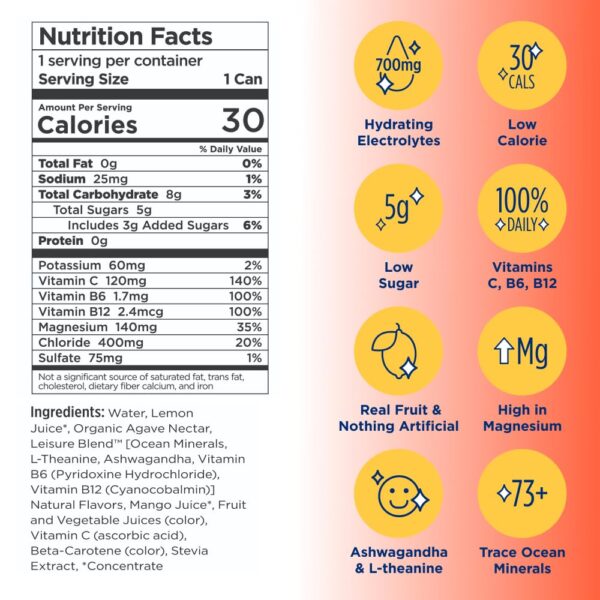 Leisure Project Electrolyte Refresher, Tropical Mango (16oz Cans, 12 Pack) Mango Hydration Drink w/Magnesium & Ashwagandha For Mood & Stress Support, Low Sugar Drink w/Real Fruit, Vitamins & Minerals