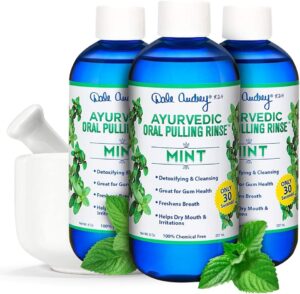 Ayurvedic Organic Oil Pulling for Teeth and Gums | Refreshing Mint Flavored Oral Rinse Mouthwash | Essential Oils for Bad Breath | Whitening Teeth & Fresh Breath | (3 Pack,8oz)