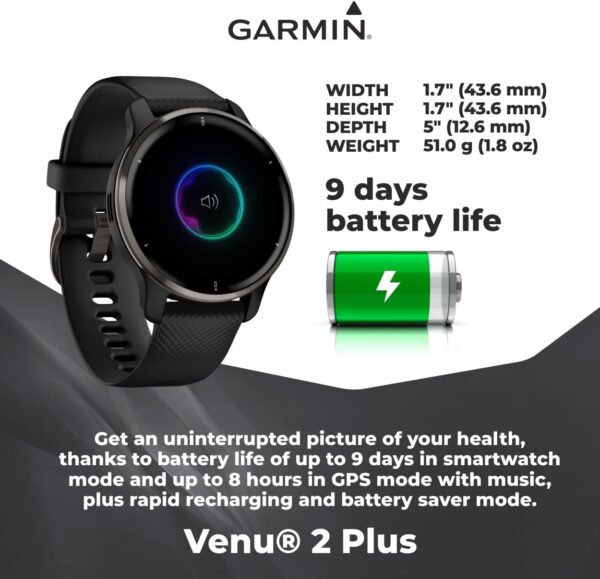 Wearable4U - Garmin Venu 2 Plus GPS Multisport Smartwatch, 1.7 in. with Call and Text, Music, Adv HM+FF, Slate Bezel with Black Case and White Earbuds Bundle