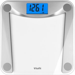 Vitafit Digital Bathroom Weight Scale for Body Weight, High Accuracy Assured by Weighing Professional Since 2001,Extra Large Blue Backlit LCD and Step-On, 400lb/180kg, Clear Glass
