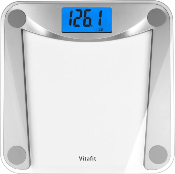 Vitafit Digital Bathroom Weight Scale for Body Weight, High Accuracy Assured by Weighing Professional Since 2001,Extra Large Blue Backlit LCD and Step-On, 400lb/180kg, Clear Glass