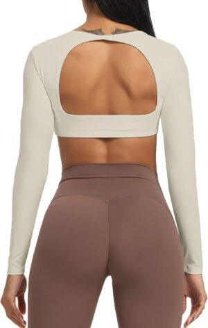 Aoxjox Long Sleeve Crop Tops for Women Clarissa Backless Workout Cropped T Shirt Top