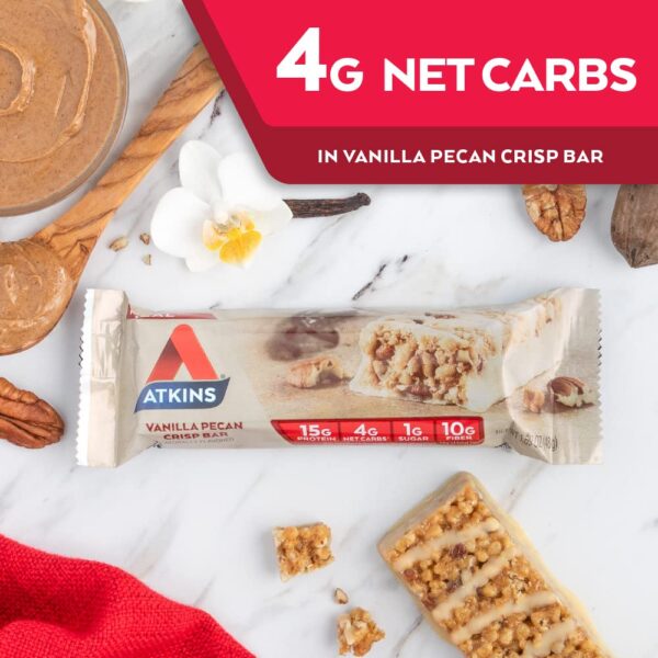 Atkins Vanilla Pecan Crisp Protein Meal Bar, High Fiber, 1g Sugar, 4g Net Carb Meal Replacement, Keto Friendly, 5 Count