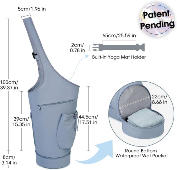 sportsnew Yoga Mat Bag, Large Opening Long Tote Yoga Mat Carrier Holder Bag with Waterproof Wet Pocket and Drawstring Water Bottle Pocket, Adjustable Shoulder Strap Storage Bag, patent pending