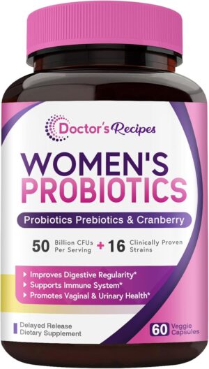 Doctor's Recipes Women’s Probiotic, 60 Caps 50 Billion CFU 16 Strains, with Organic Cranberry, Digestive Immune Vaginal & Urinary Health, Shelf Stable, Delayed Release, No Soy Gluten Dairy