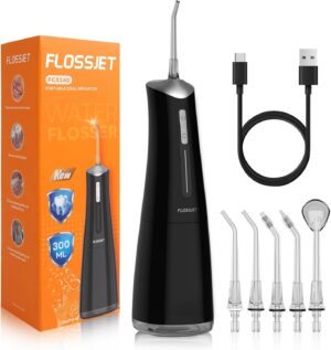 Water Dental Flosser Teeth Pick Cordless Oral Irrigator with 300ml 5 Tips 4 Modes USBCharger Portable Travle Irrigation Cleaner IPX7 Electric Irrigador Dental for Teeth Cleaning (Black)