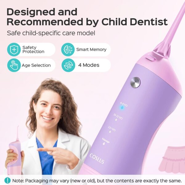 COSLUS Kids Water Dental Flosser Deep Cleaning Picks Portable 4 Modes for Ages 6+ Safe Waterproof Rechargeable with 4 Jet Tips for Gums Care Pink Purple