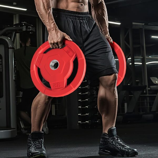 61q9i6kdY1L._AC_SL1000_.jpg Color Coded 2-Inch Rubber Coated Olympic Grip Plate for Barbell,Solid Cast Iron Weight Plates for Strength Training,Weightlifting,Crossfit, Home Gym, 2.5/5/10/15/25/35/45 LB, Single and Pair