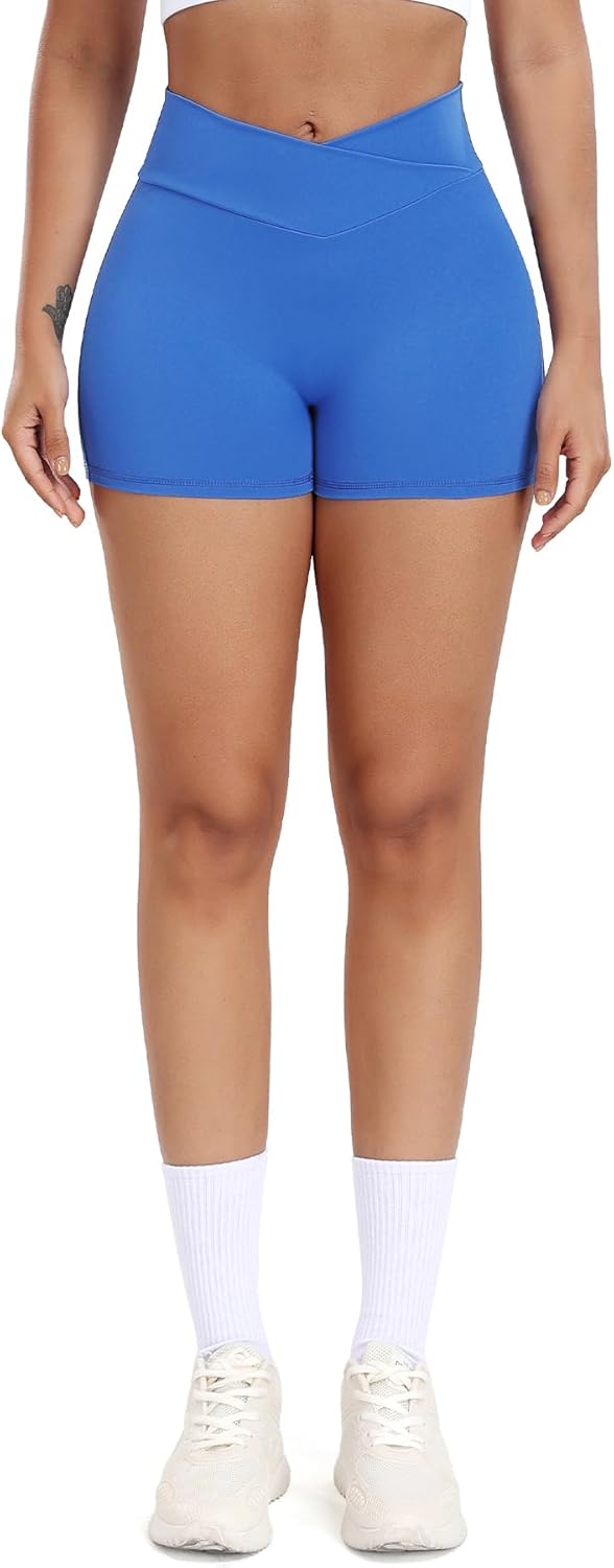 FITTOO Scrunch Butt Lifting Shorts for Women with Pocket Cross High Waist Crossover Yoga Workout Booty Shorts
