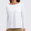 CRZ YOGA Pima Cotton Long Sleeve Workout Shirts for Women Loose Fit Athletic Yoga T-Shirts Casual Boat Neck Fall Tops