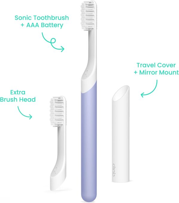quip Sonic Toothbrush for Adults with Timer - Includes Extra Brush Head and Travel Cover Mount - Electric, Soft Bristle Refill Head, Plastic Handle, 3 Month Battery Life - Travel Toothbrush - Lavender