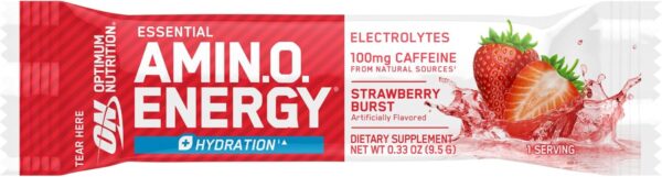 Optimum Nutrition Amino Energy Plus Hydration Packets, On-The-Go Energy Powder Stick Packs, Strawberry Burst, 25 Count