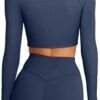 LASLULU Womens Sexy Square Neck Crop Top Ribbed Seamless Long Sleeve Workout Tops Halter Neck Athletic Yoga
