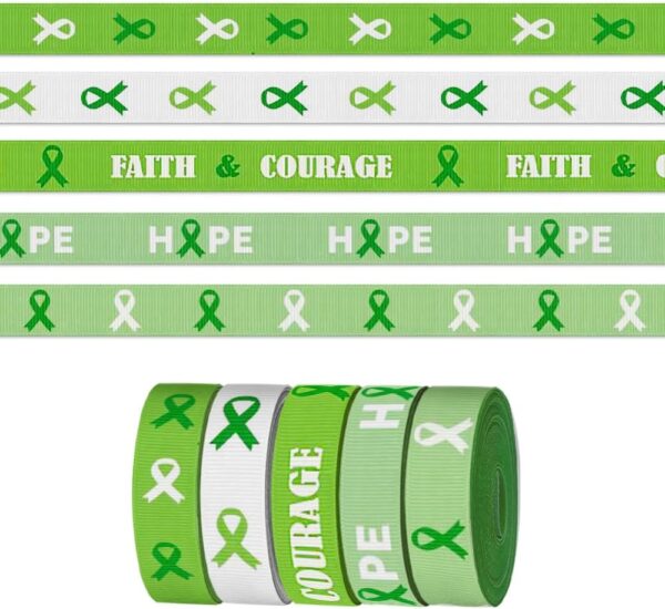 5 Pieces 3 Yards Cancer Prevention Awareness Ribbon for Crafting Sewing, 3/8 Inch White Green Grosgrain Ribbons for Hair Bow, Mental Health Awareness Ribbons for Cancer Charity Event Supplies