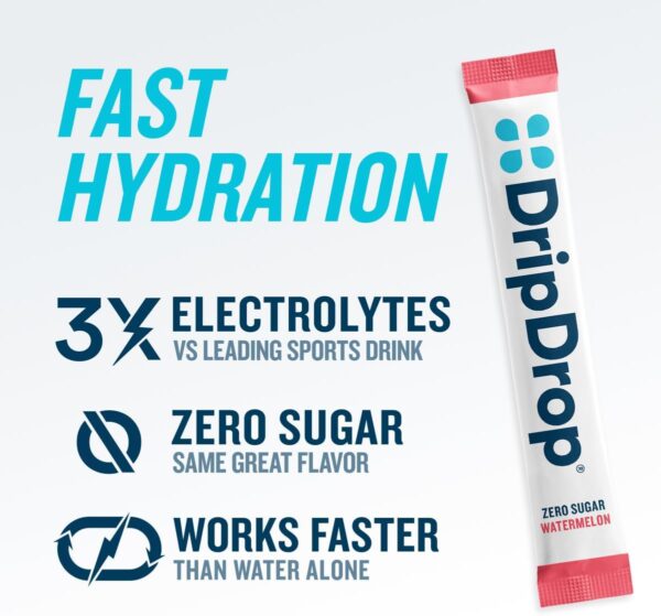 DripDrop Hydration - Zero Sugar Watermelon - Electrolyte Drink Mix Single Serve Powder Packets | Non-GMO, Gluten Free, Vegan | 32 Sticks