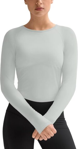Womens Long Sleeve Workout Tops Slim-Fit Yoga Top Quick Dry Running Athletic Shirt High Stretch
