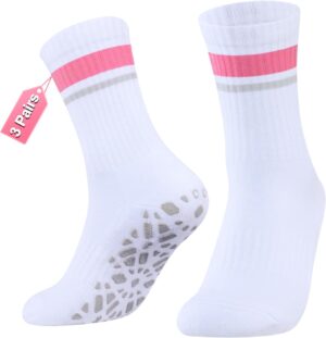 YUEDGE Yoga Pilates Socks for Women, Cushioned Grip Socks Non Slip Crew Workout Training Athletic Socks, 3 Pairs