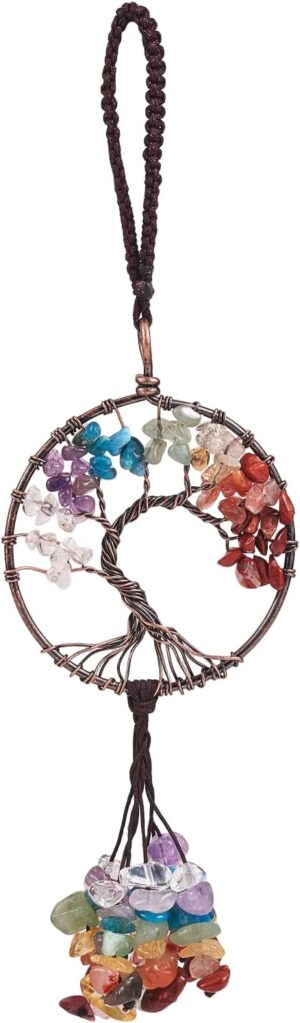 Car Decorative Accessory 7Chakra Tree of Life Ornament Natural Gemstone Tree of Life Charm Healing Crystal Stone Rearview Mirror Accessory Room Bedroom Wall Meditation Decor