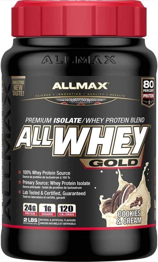 ALLMAX Nutrition Gold ALLWHEY, Cookies & Cream - 2 lb - 24 Grams of Protein Per Scoop - Gluten Free, Low Carb & Low Sugar - Approx. 30 Servings