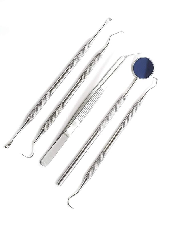 Dental Hygiene set of 5-Stainless Steel Tarter Scraper/Scaling Remover, Dental Toothpick, Mouth Mirror Scaler Tweezer For Calculus &Tartar Removal-Dentists Set is Ideal for Personal Use & Pet Friendly
