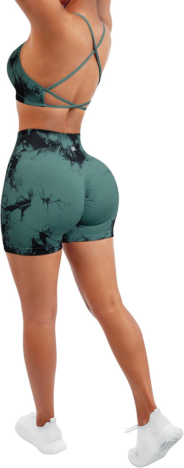 SUUKSESS Women Seamless Workout Sets Strappy Sports Bra High Waist Booty Shorts Outfits