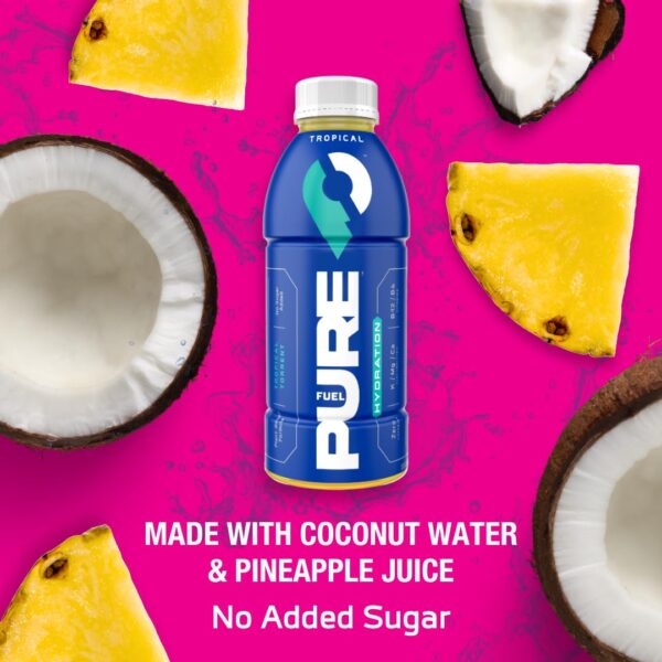 Pure Fuel Hydration Drinks Tropical Torrent - Plant-Based Healthy Electrolyte Drinks with B-Vitamins - No Added Sugar - 12 Pack x 16.9 fl oz Bottles