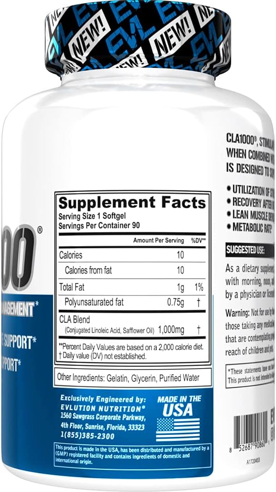 Evlution Conjugated Linoleic Acid CLA Pills - CLA 1000mg Diet Pills to Support Weight Loss Fat Burning Lean Muscle and Faster Metabolism - Stimulant-Free Safflower Based Fat Loss Support - 90