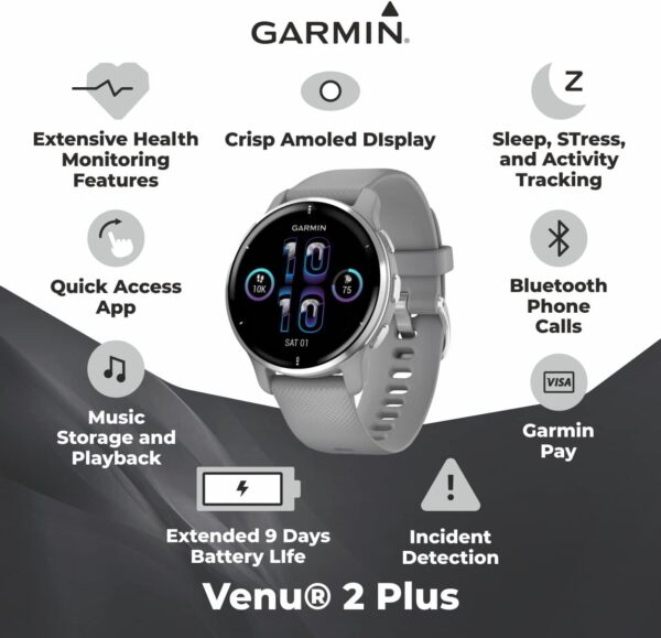 Wearable4U - Garmin Venu 2 Plus GPS Multisport Smartwatch, 1.7 in. with Call and Text, Music, Adv HM+FF, Slate Bezel with Black Case and White Earbuds Bundle