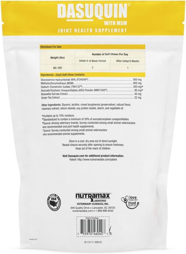 Nutramax Laboratories Dasuquin with MSM Joint Health Supplement for Large Dogs - With Glucosamine, MSM, Chondroitin, ASU, Boswellia Serrata Extract, and Green Tea Extract, 84 Soft Chews