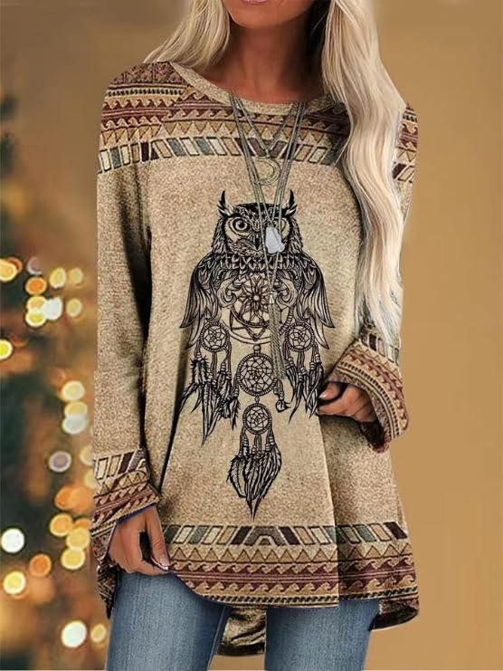 Bengbobar Western Sweatshirts for Women Native American Aztec Print Pullover Long Sleeve Crewneck Crewneck Sweatshirt