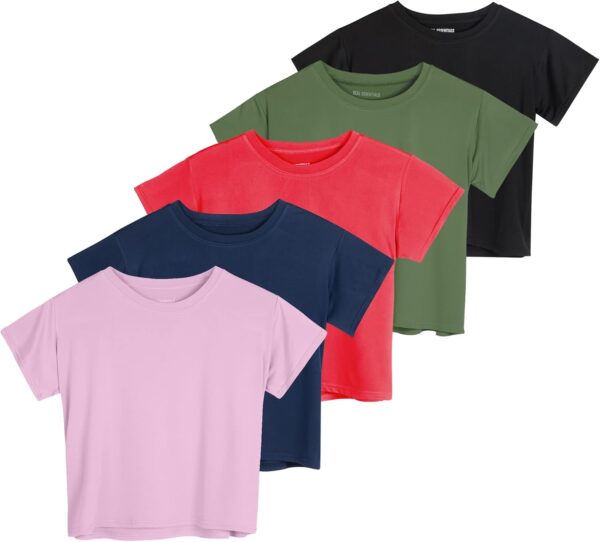 Real Essentials 5 Pack: Women's Dry Fit Crop Top - Short Sleeve Crew Neck Stretch Athletic Tee (Available in Plus Size)