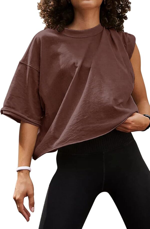 Women's Oversize Workout Crop Tops Casual Short Sleeve Drop Shoulder Boxy T-Shirts Roll Hem Basic Loose Yoga Running Tees