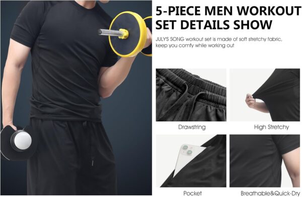 JULY'S SONG Men Compression Workout Set 5 PCS Dry Quick Shirt Pants Shorts Tights Jacket Clothes for Gym