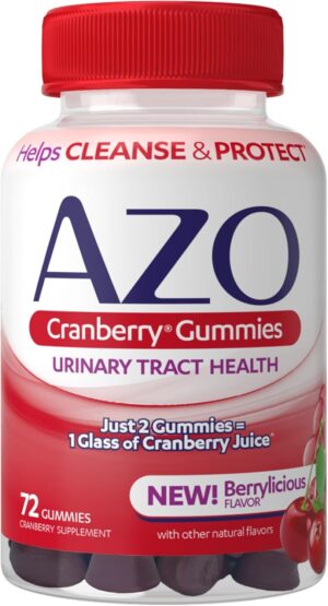 AZO Cranberry Urinary Tract Health Gummies Dietary Supplement, 2 Gummies = 1 Glass of Cranberry Juice, Helps Cleanse & Protect, Natural Berrylicious Flavor, Non-GMO, 72 Gummies