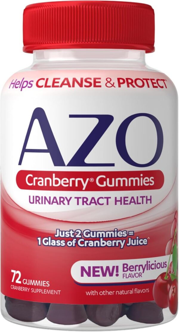 AZO Cranberry Urinary Tract Health Gummies Dietary Supplement, 2 Gummies = 1 Glass of Cranberry Juice, Helps Cleanse & Protect, Natural Berrylicious Flavor, Non-GMO, 72 Gummies