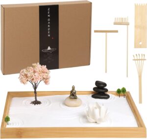 Zen Garden Kit for Office Desk, Japanese Meditation Decor Sand Art with Tray/Buddha Statue/Handmade Ceramic Lotus Incense Holder/Zen Accessories, Spiritual Gift for Women Men Yoga Mind Relaxation