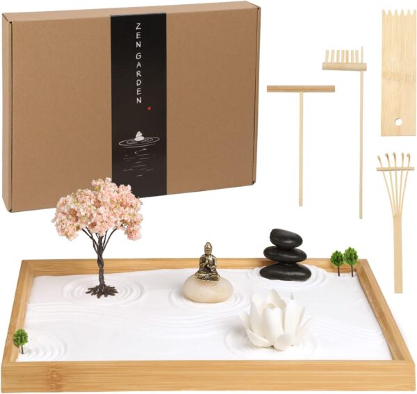 Zen Garden Kit for Office Desk, Japanese Meditation Decor Sand Art with Tray/Buddha Statue/Handmade Ceramic Lotus Incense Holder/Zen Accessories, Spiritual Gift for Women Men Yoga Mind Relaxation